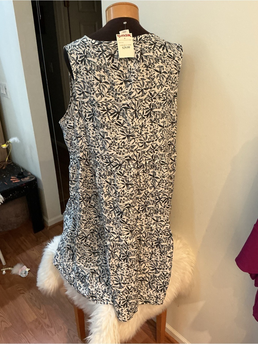 Lucky Brand Size 1X Linen Floral Tiered Sleeveless Dress Blue White Gray Black - Picture 4 of 10